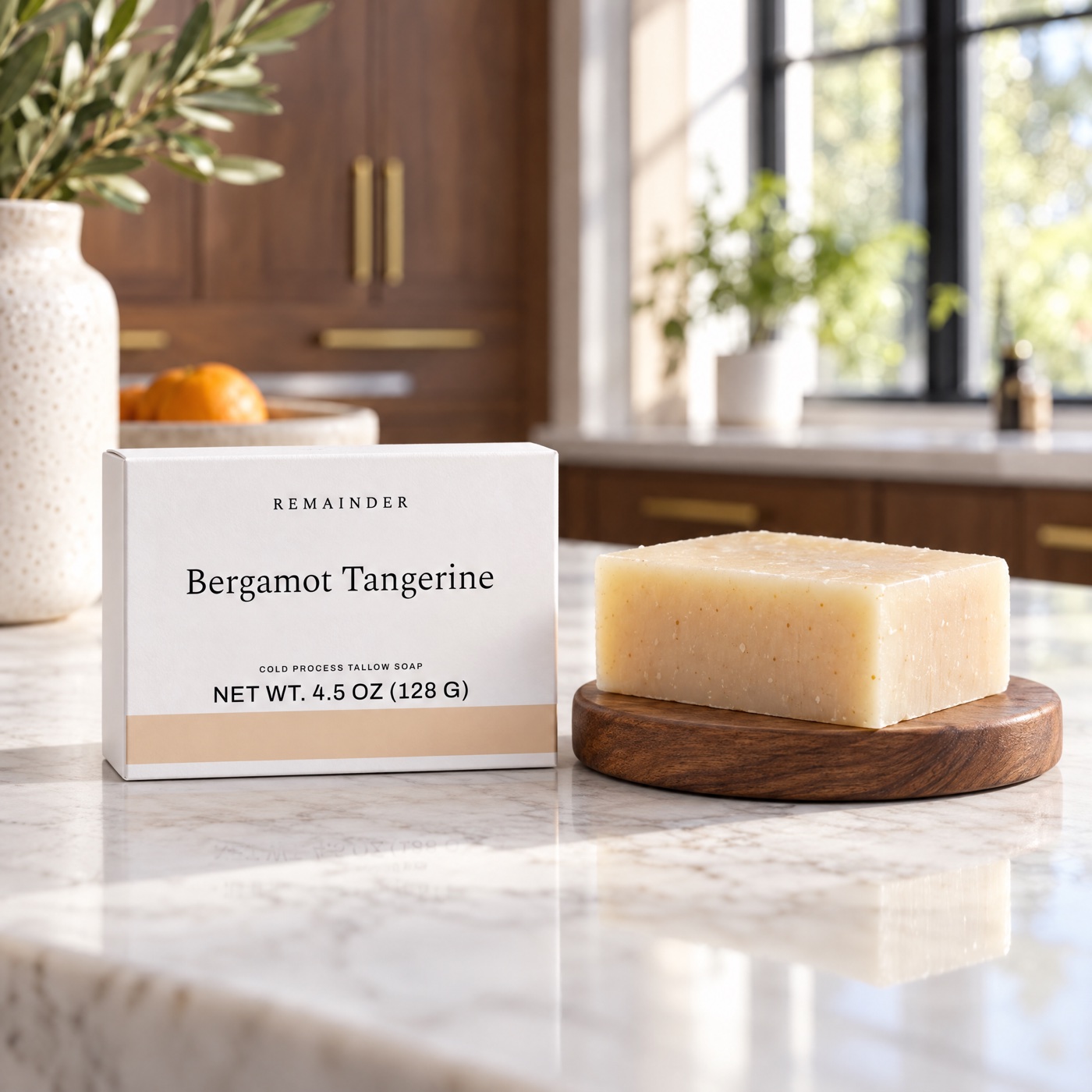 Bergamot Tangerine box and bar on a walnut coaster, marble island