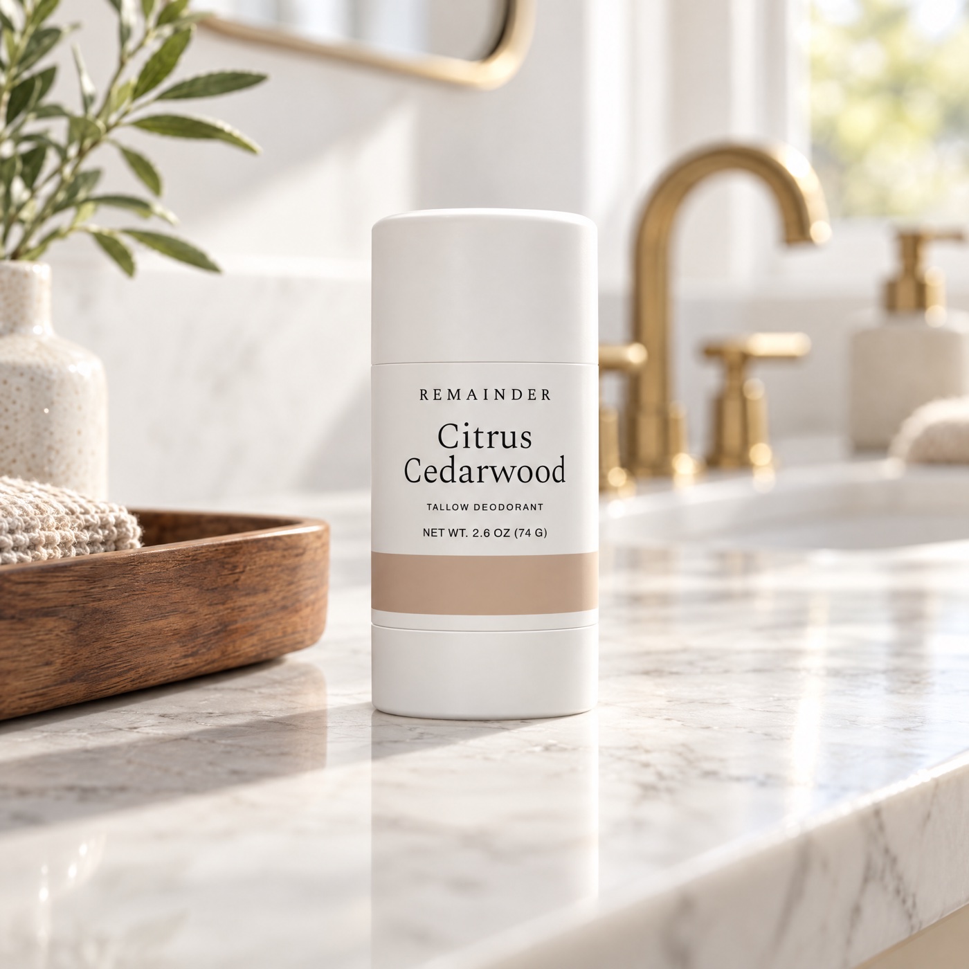 Citrus Cedarwood deodorant on a marble vanity with walnut tray