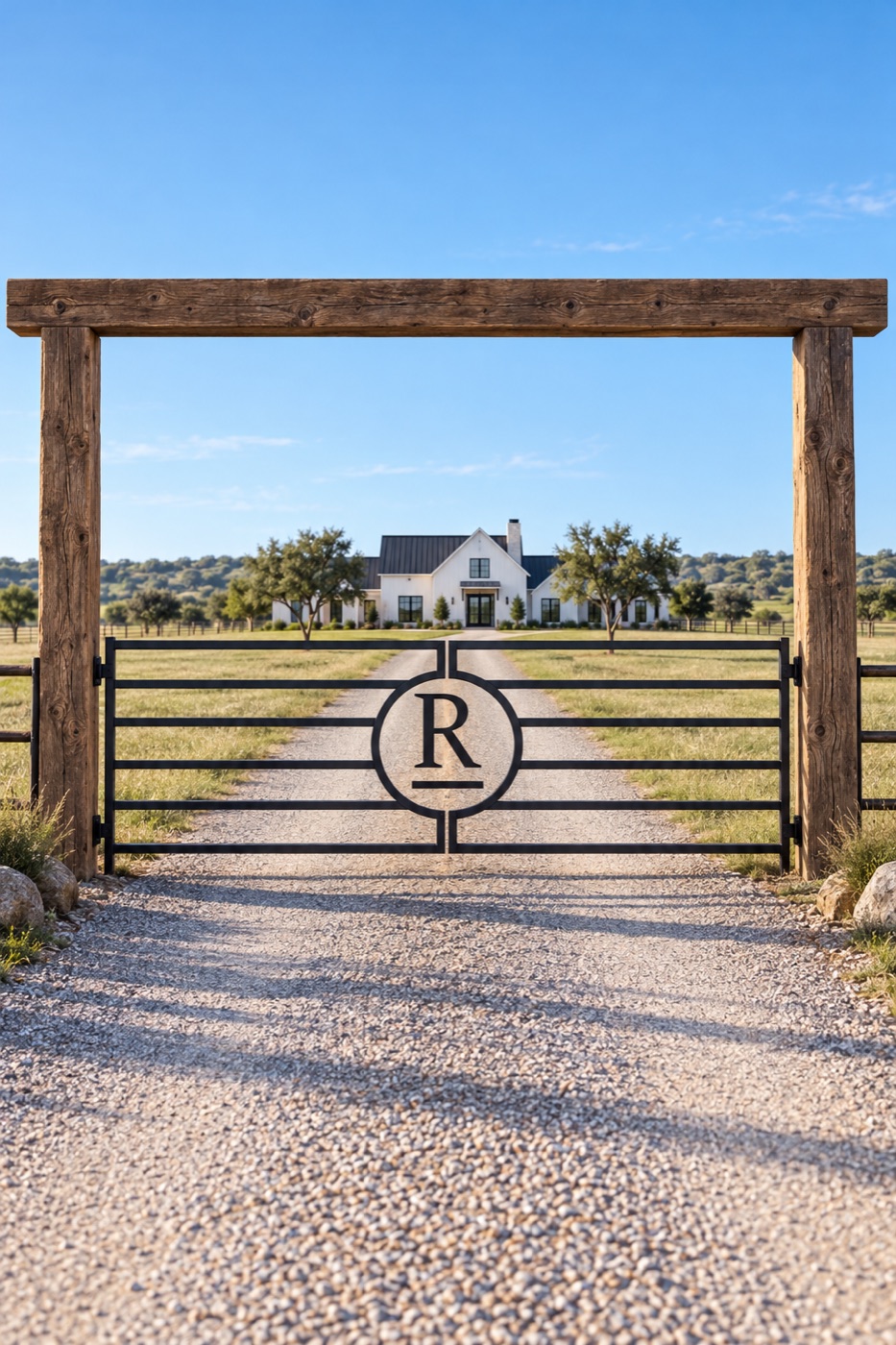 Steel ranch gate with the R-bar mark, white farmhouse behind
