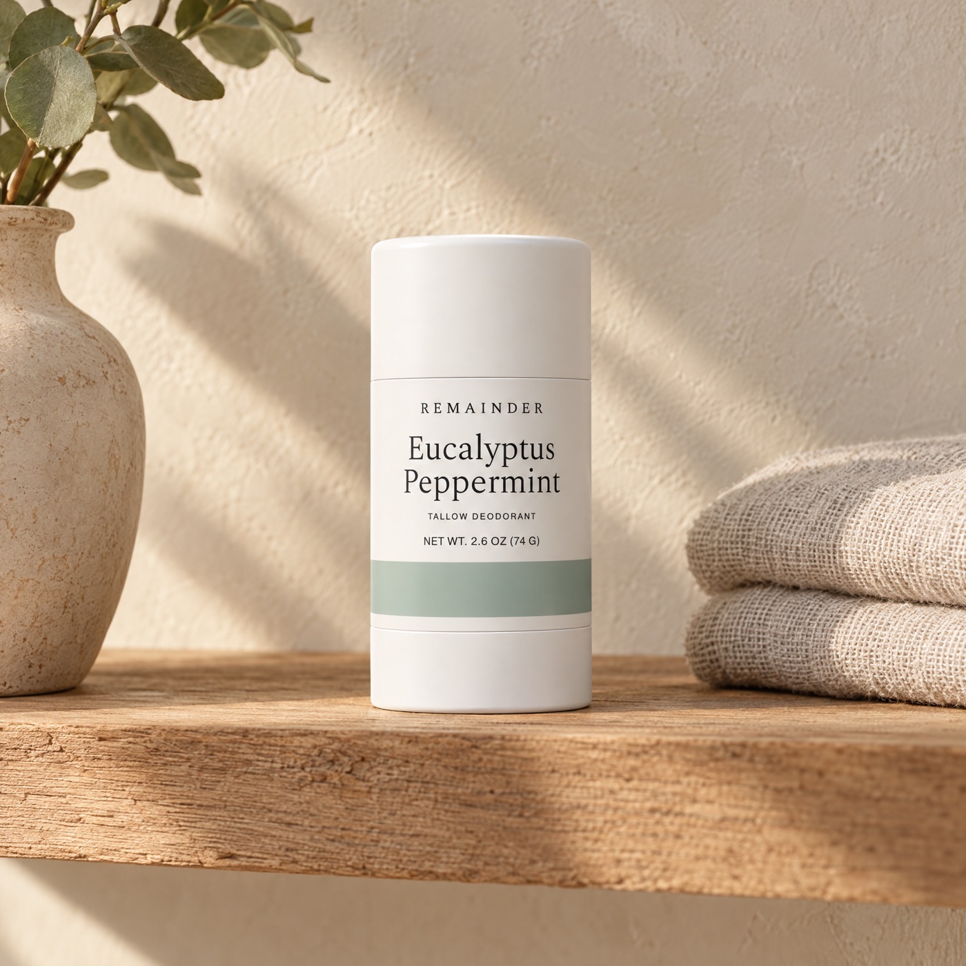 Eucalyptus Peppermint deodorant on raw oak with linen