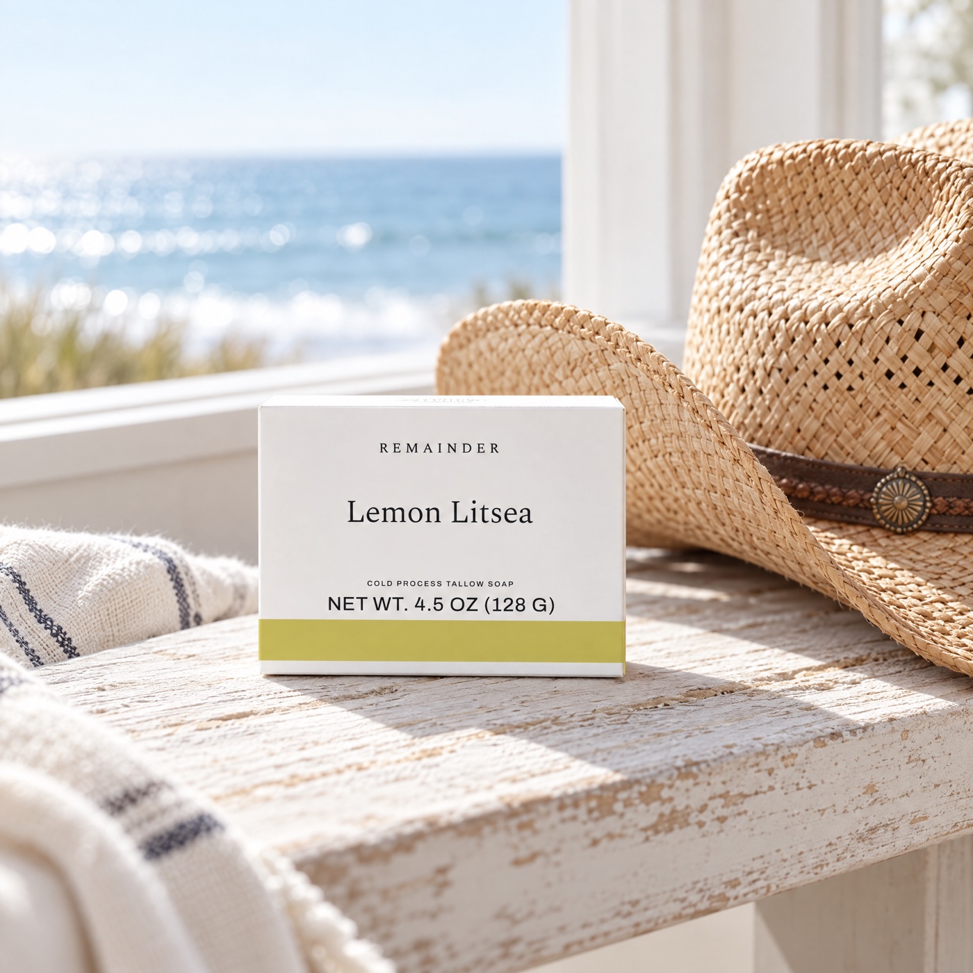 Lemon Litsea box on a bleached bench with a straw cowboy hat