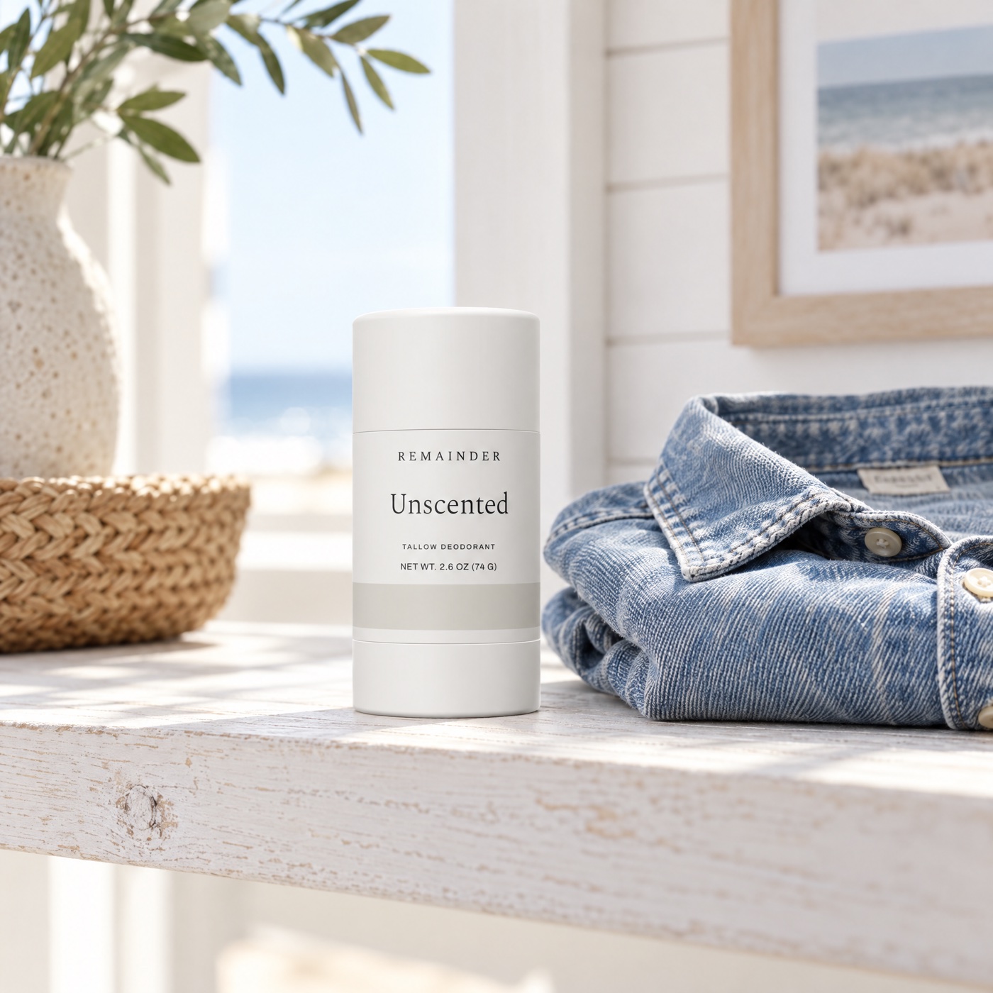 Unscented deodorant on whitewashed wood with faded denim