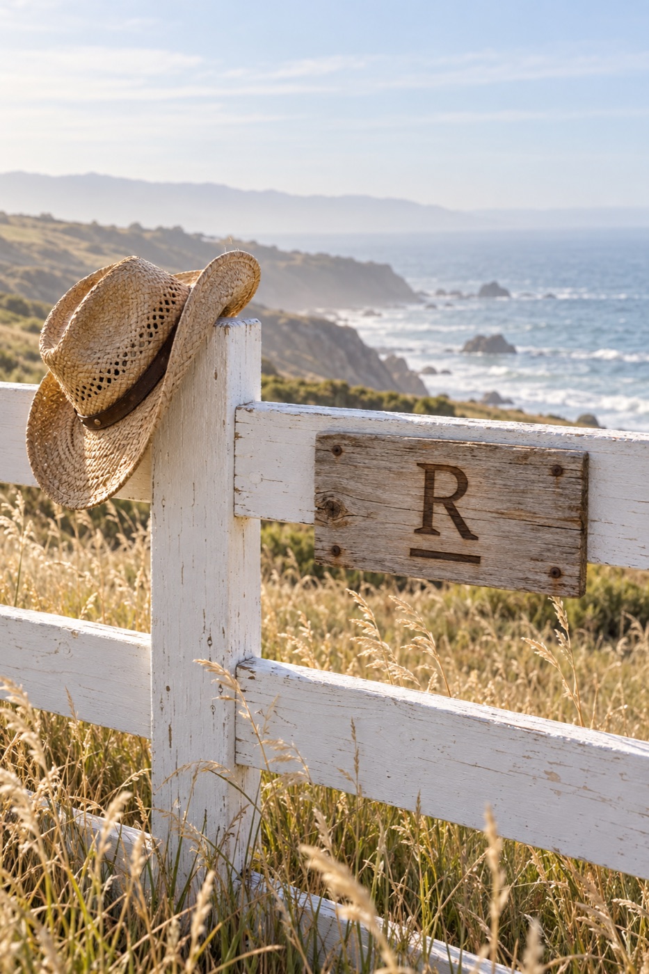 White ranch fence on ocean bluffs, straw hat, R-bar sign