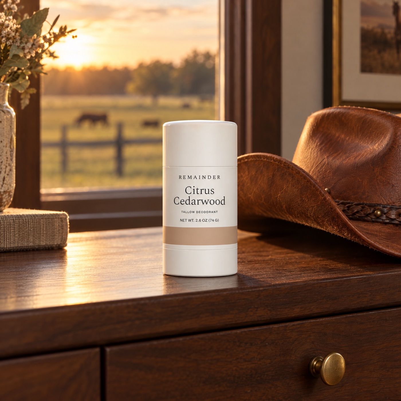 Citrus Cedarwood deodorant on a walnut dresser with a leather hat