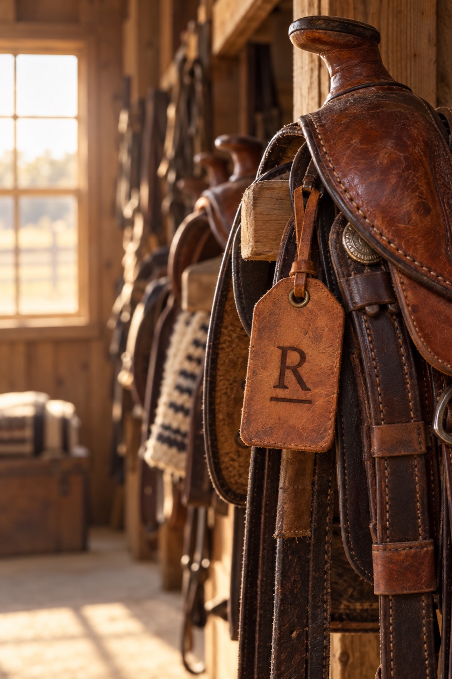 Tack room, R-bar burned into a leather tag on a saddle