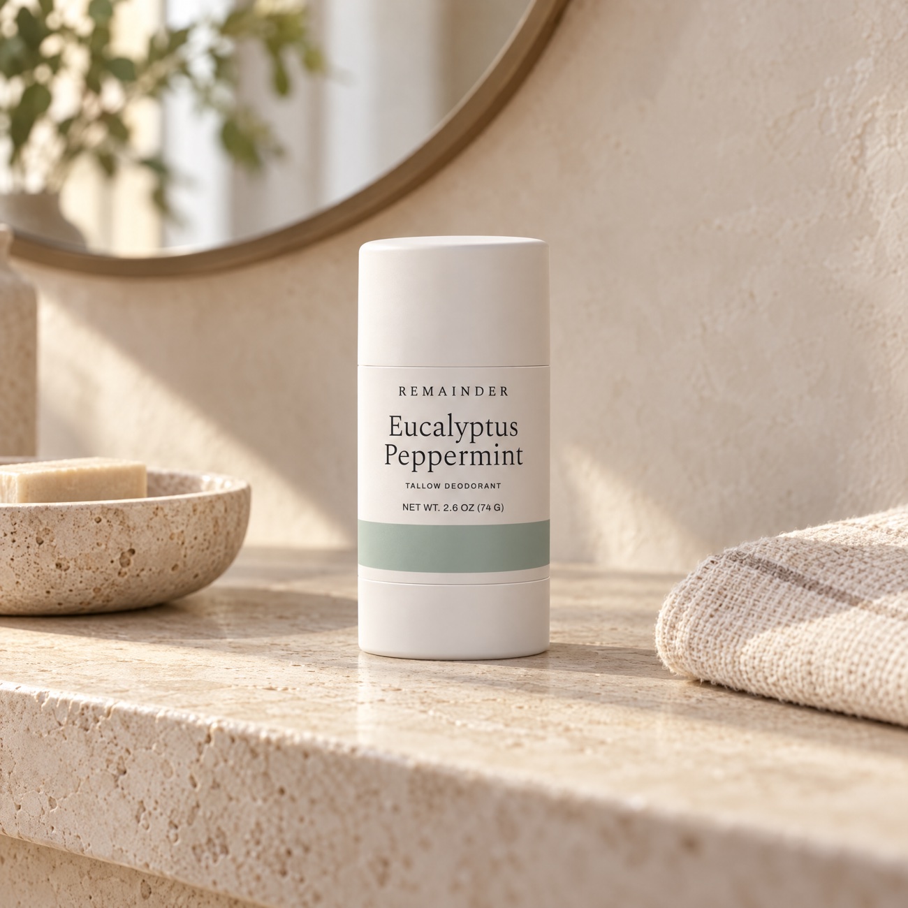 Eucalyptus Peppermint deodorant on a limestone vanity