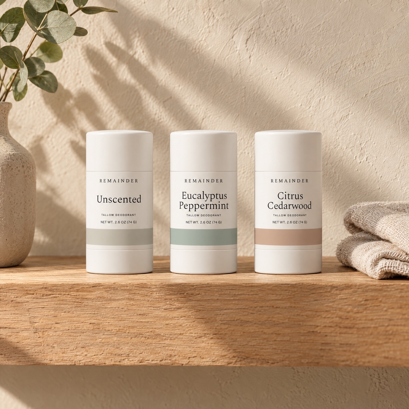 Three deodorants on a raw oak shelf