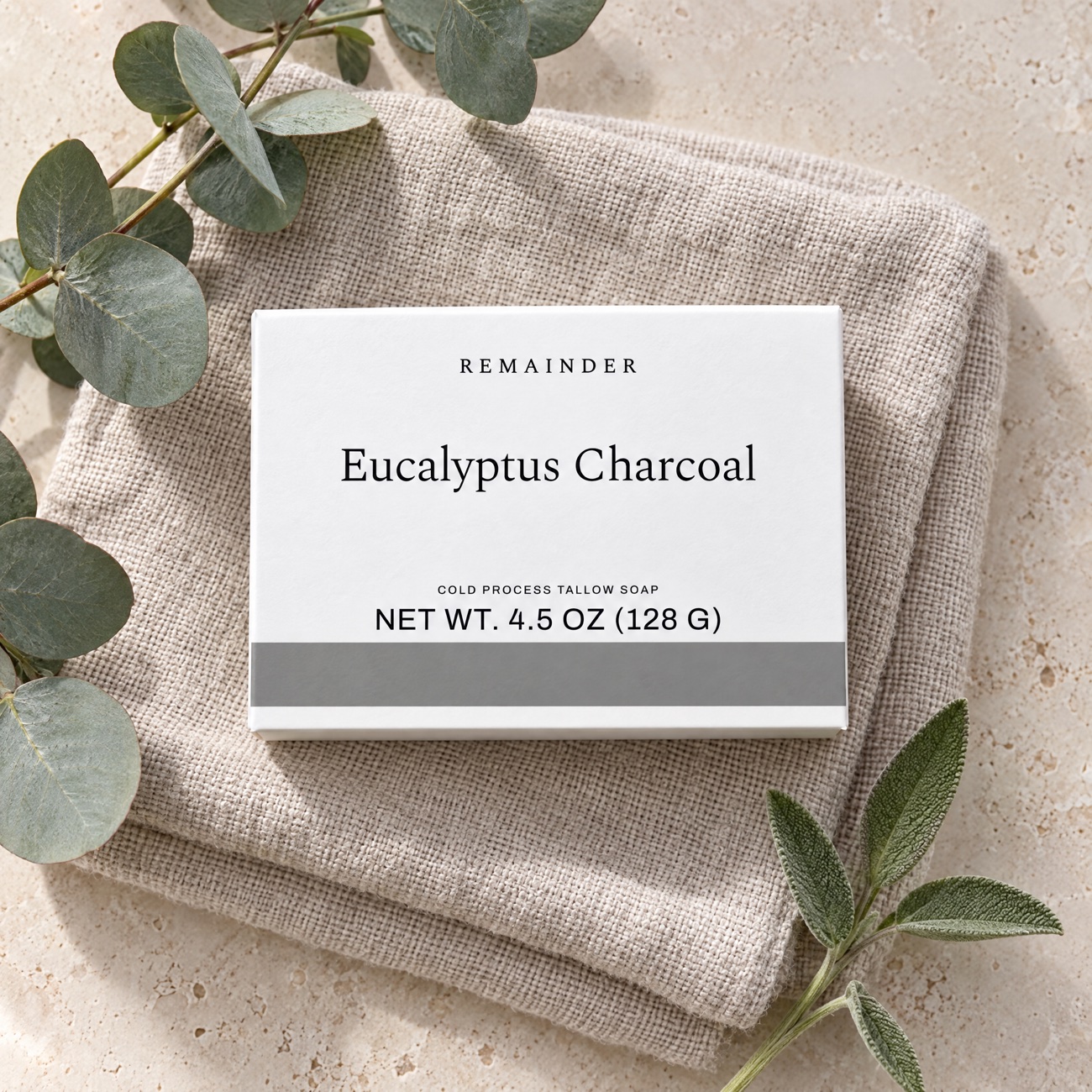 Eucalyptus Charcoal box on linen from above