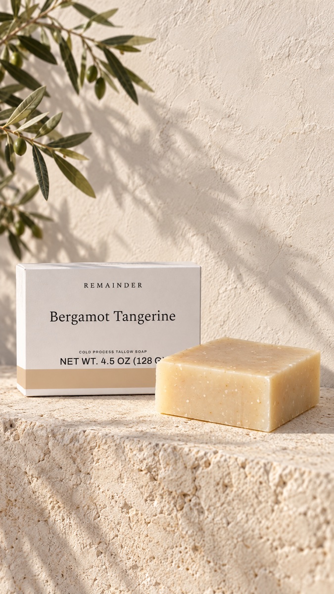 Bergamot Tangerine box and bar on a limestone ledge, tall crop