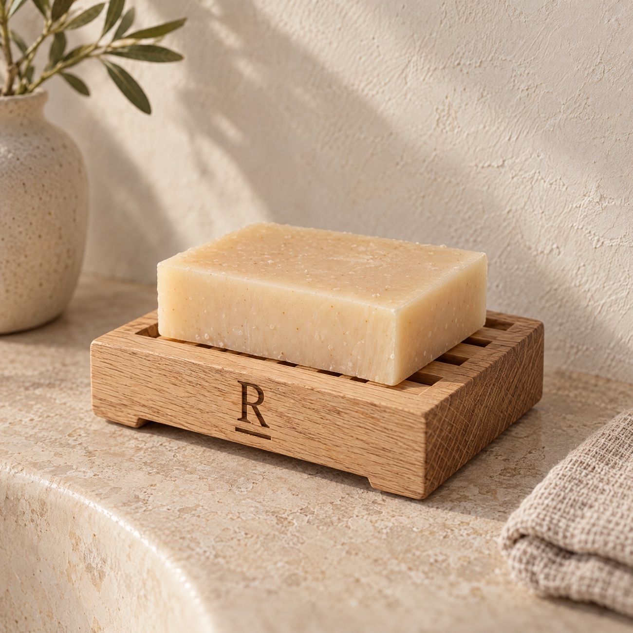 Oak soap dish with the R-bar burned into it