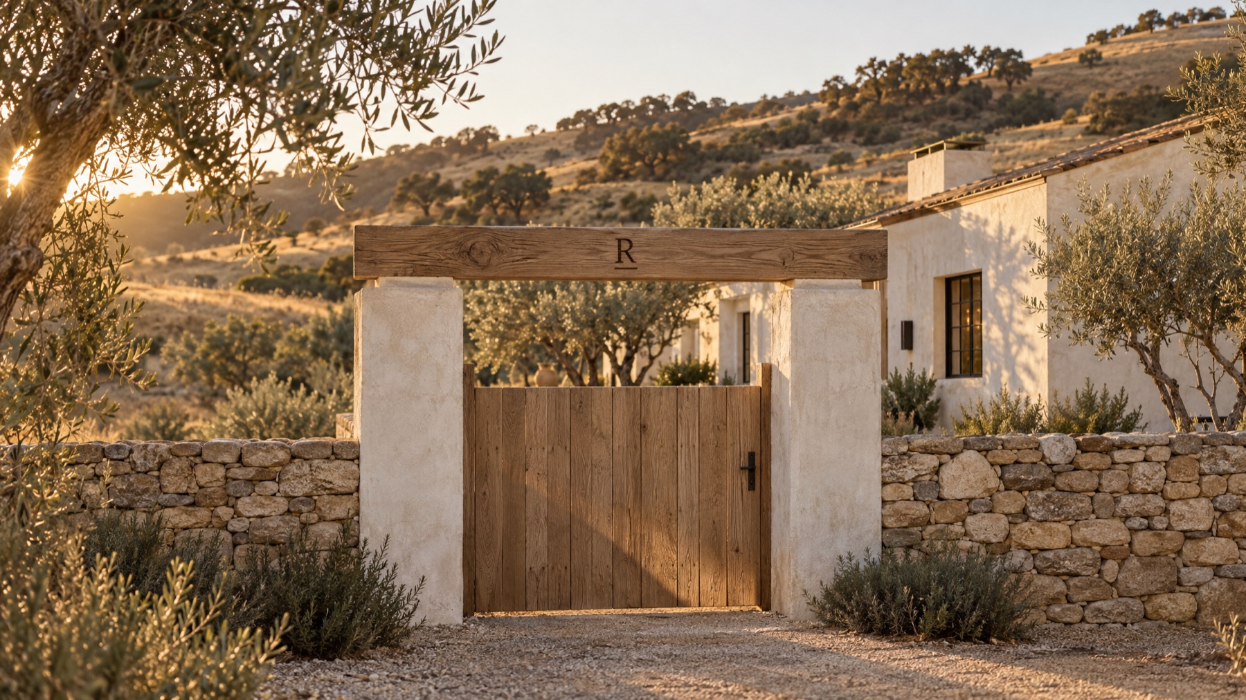 Limewashed ranch house with an oak gate and the R-bar on the beam