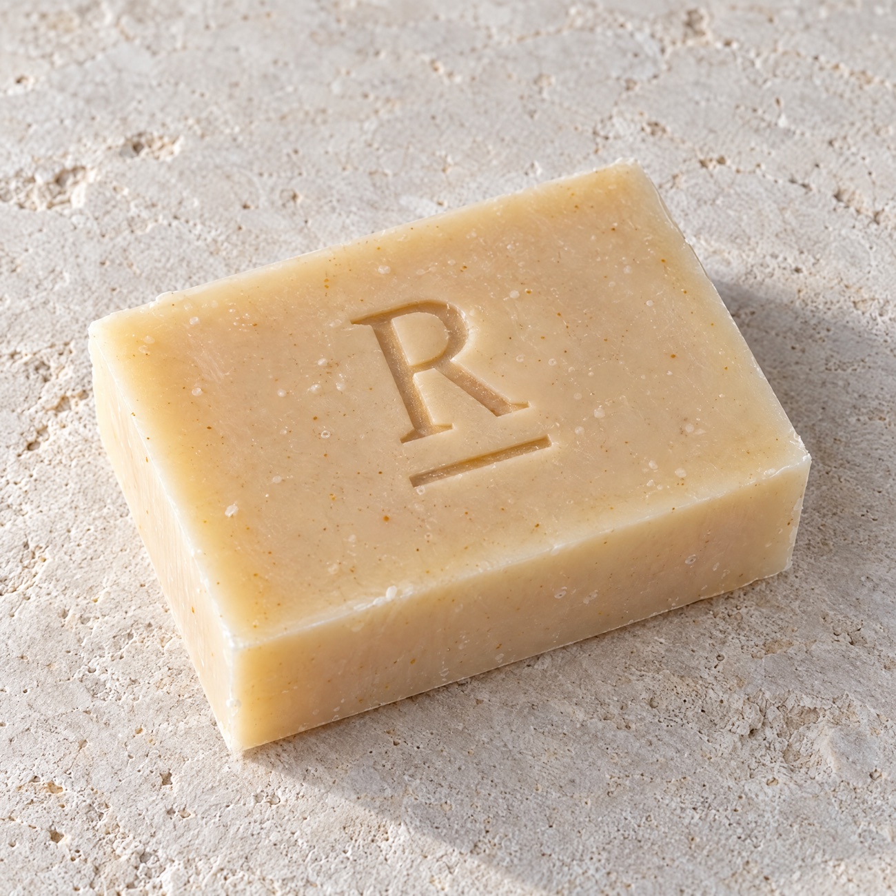 Soap bar with the R-bar mark pressed into it