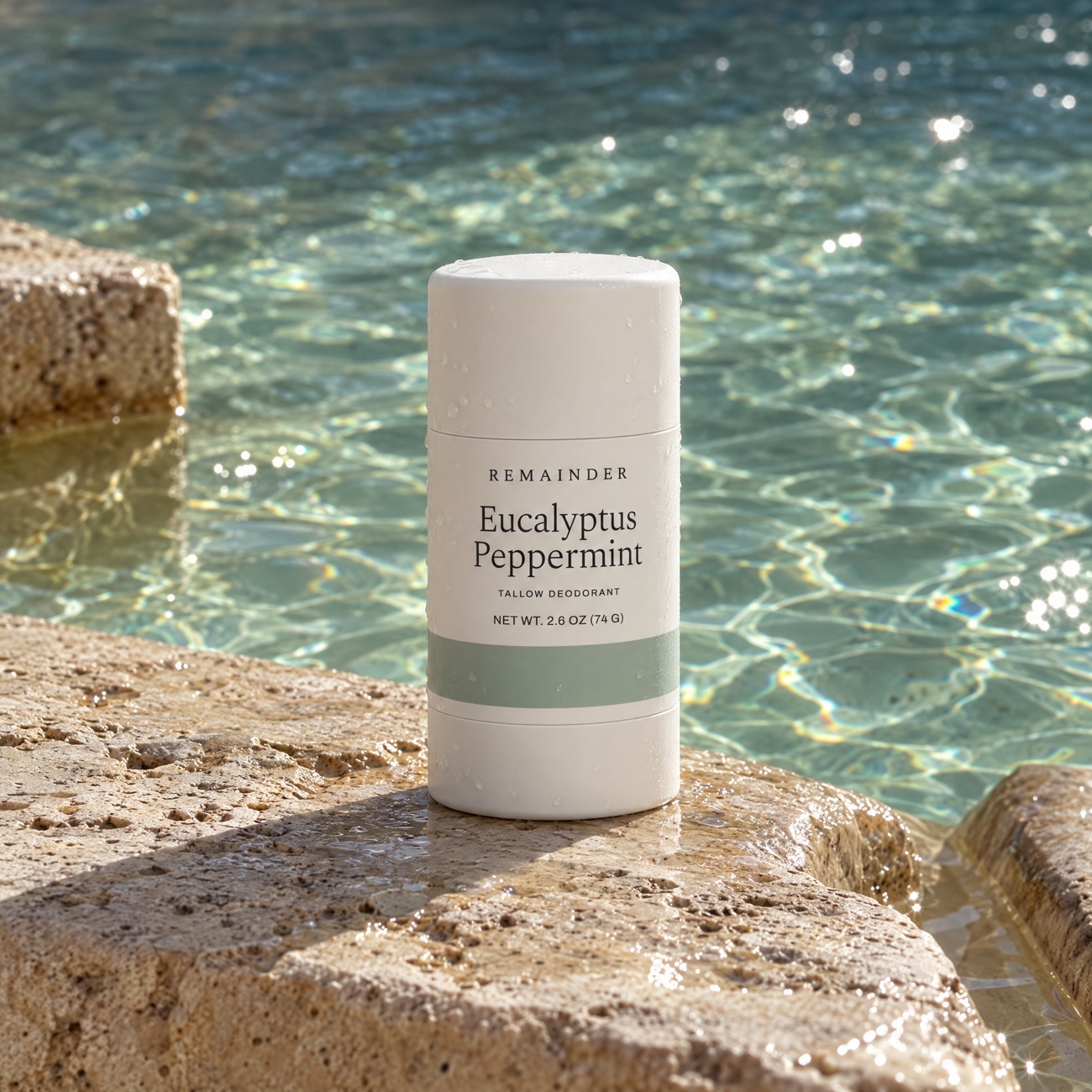 Eucalyptus Peppermint deodorant on a travertine pool edge
