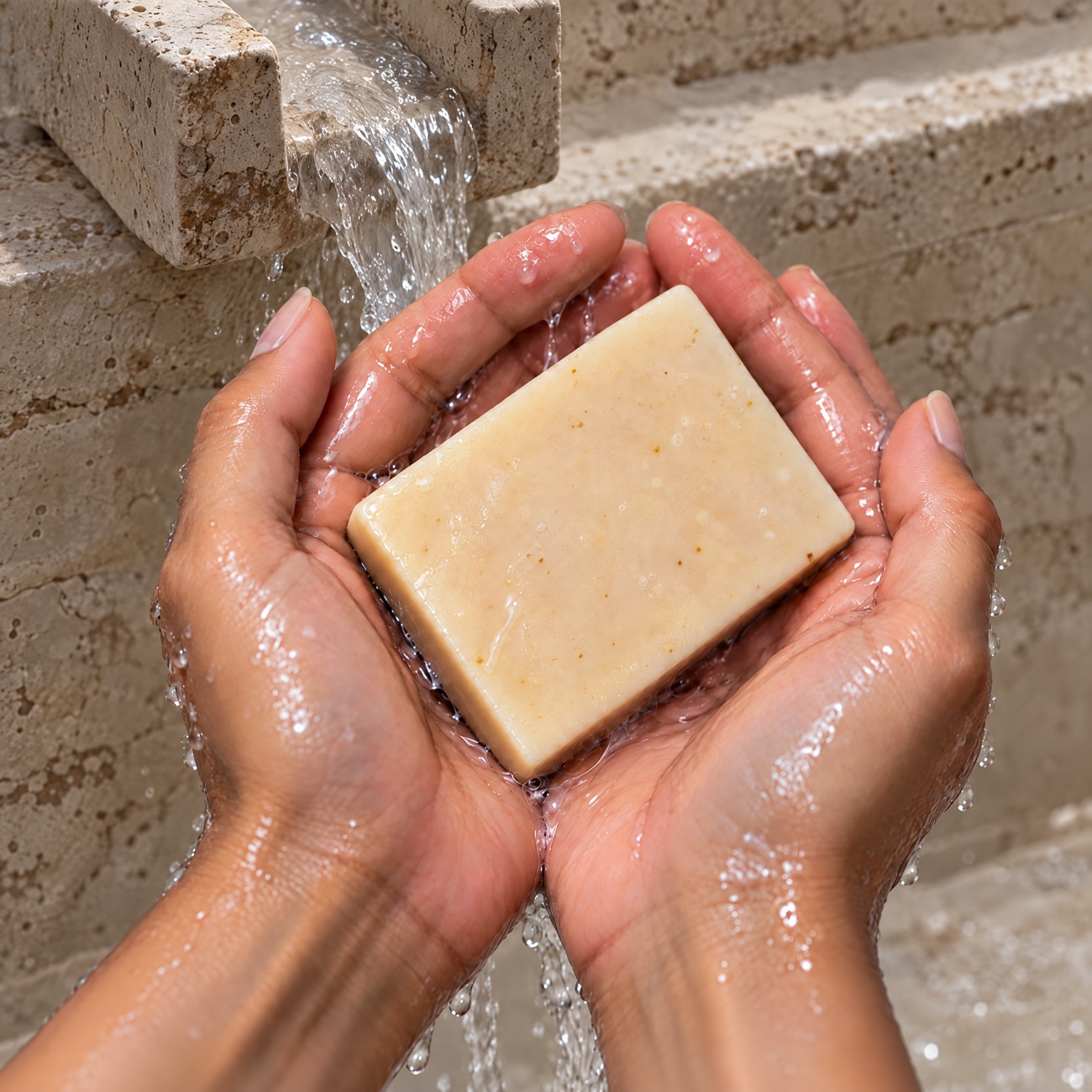 Hands holding a bar under a stone spout, travertine wall