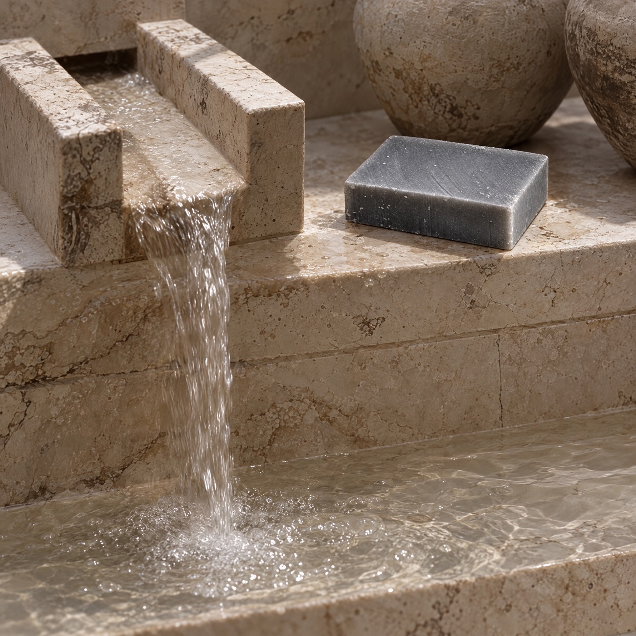 Eucalyptus Charcoal bar on a travertine basin by a spout