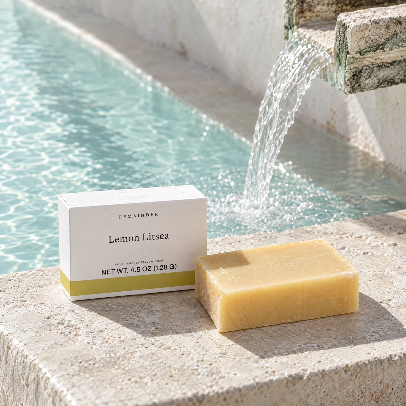 Lemon Litsea box and bar beside a stone spout